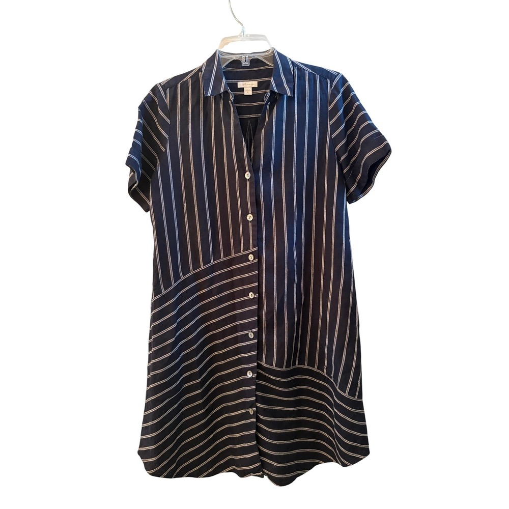 J. Jill Love Linen Navy Blue White Striped Button Front Nautical Shirt Dress XS